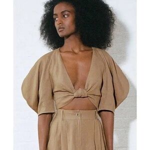 Mara Hoffman Rya Hemp Tie Front Crop Blouse Light Brown Tan Size 2